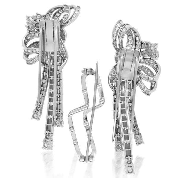Platinum Emerald Diamond Double-Clip Brooch - Lueur Jewelry