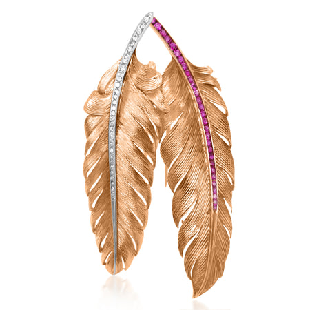 Tiffany, 14K Gold Ruby Feather Brooch - Lueur Jewelry