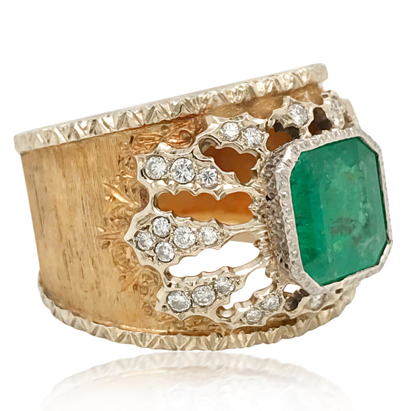 Mario Buccellati, Emerald Diamond Gold Band Ring - Lueur Jewelry