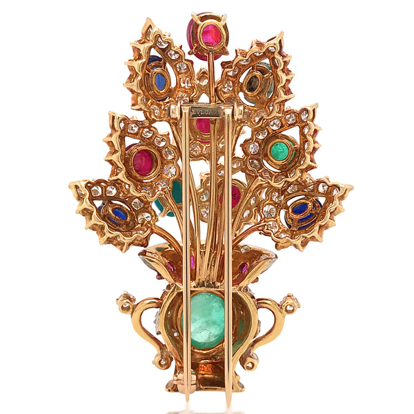Bvlgari, Sapphire Ruby Emerald and Diamond Gold Flower Vase Brooch - Lueur Jewelry