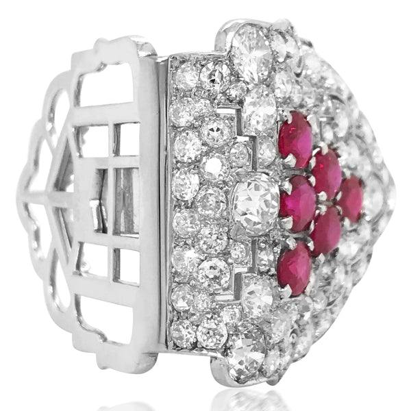 Cartier, Platinum Diamond Ruby Clip Brooch - Lueur Jewelry