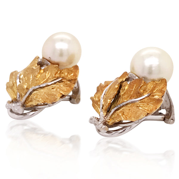 Buccellati, Bicolor Gold Pearl Leaf Earrings