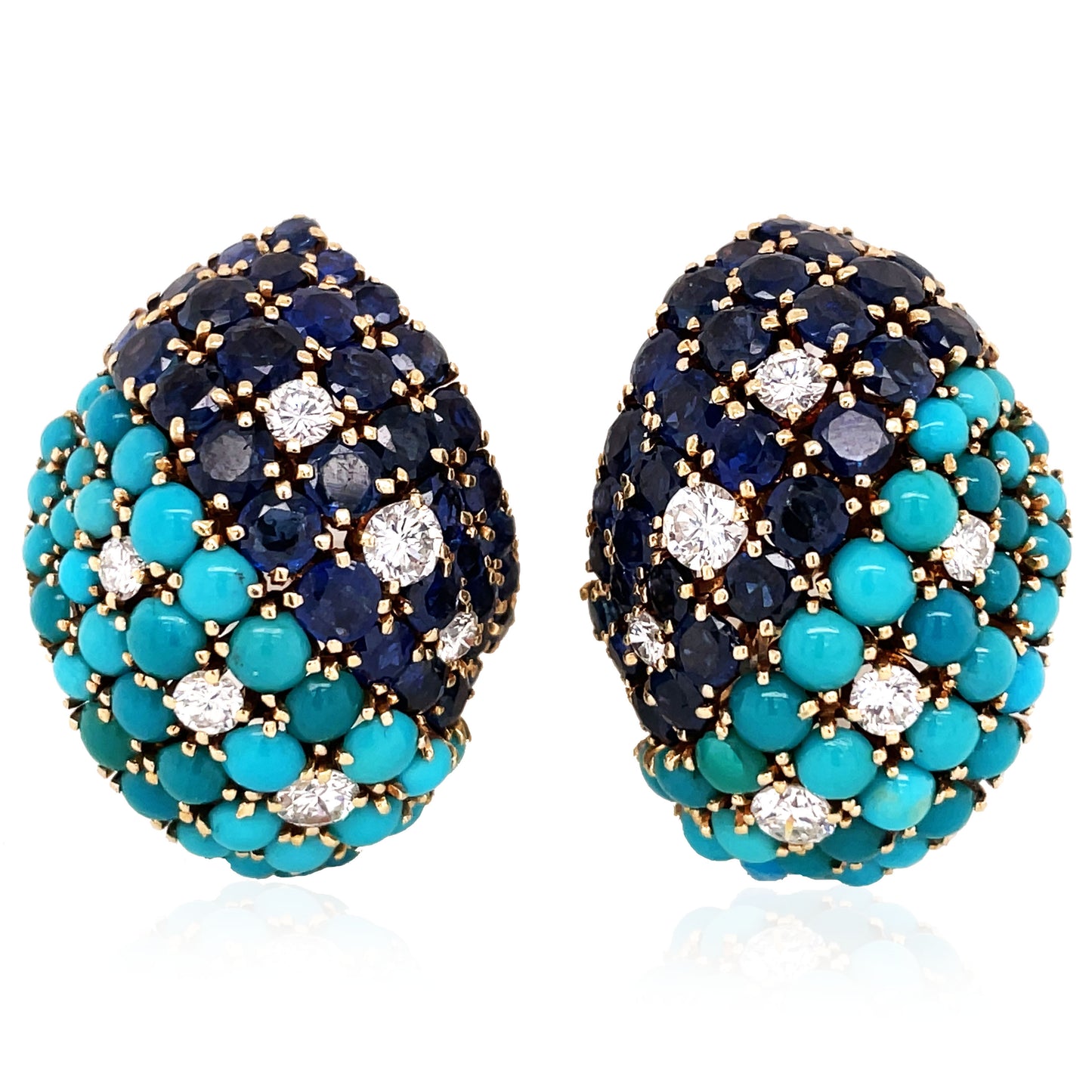 David Webb, 18K Gold Turquoise Sapphire Diamond Earrings