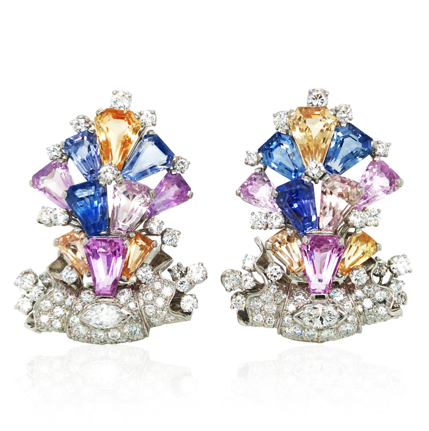Oscar Heyman, Platinum Multi-color Sapphire Diamond Earrings, Certificate