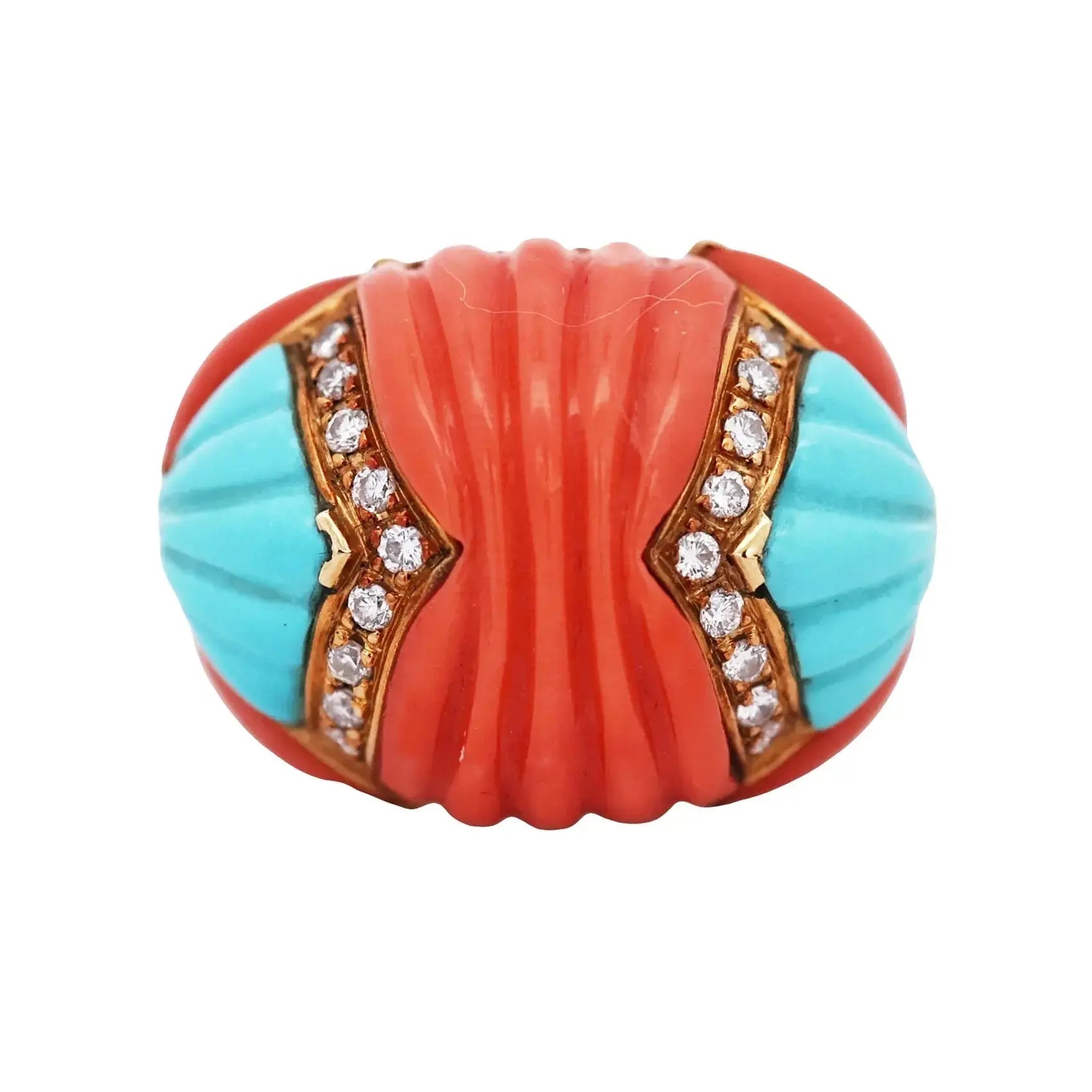 18K Gold Coral Turquoise Diamond Ring