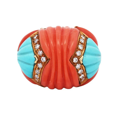 18K Gold Coral Turquoise Diamond Ring