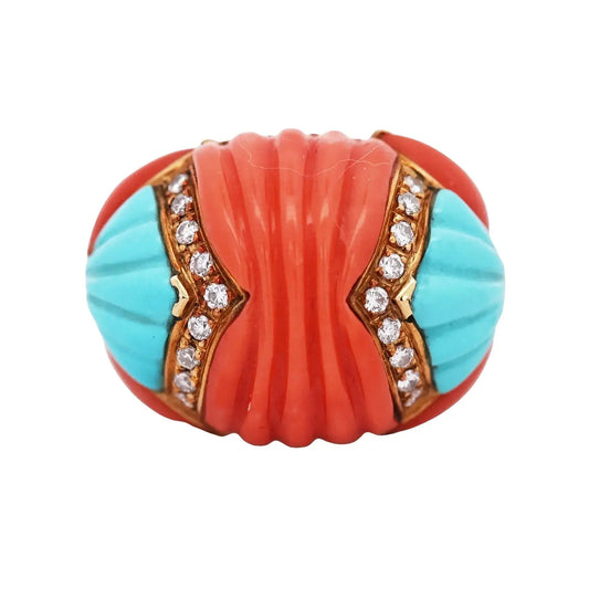 18K Gold Coral Turquoise Diamond Ring