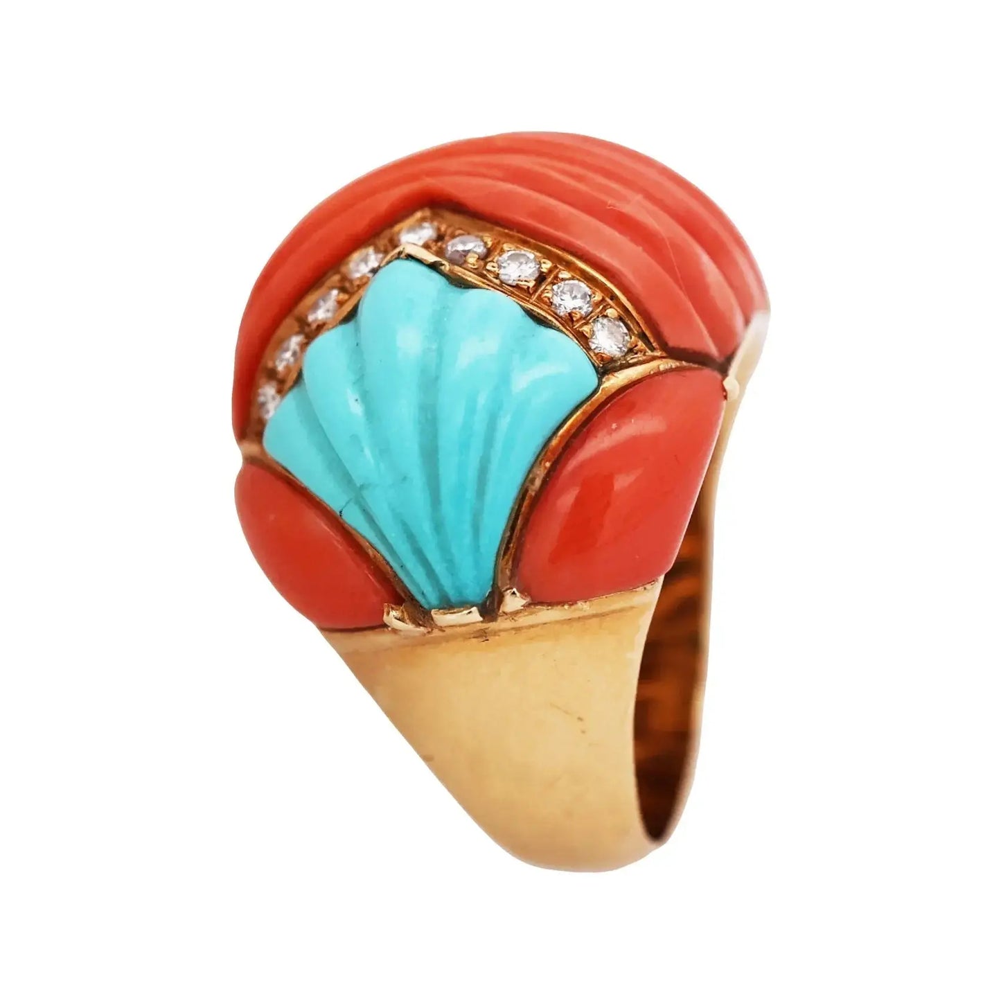 18K Gold Coral Turquoise Diamond Ring