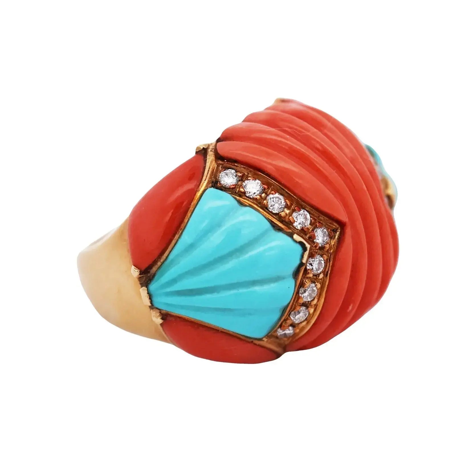 18K Gold Coral Turquoise Diamond Ring