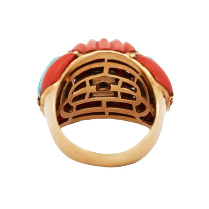 18K Gold Coral Turquoise Diamond Ring