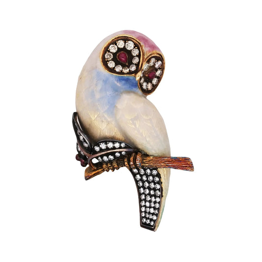 18K Gold Enamel Ruby Diamond Owl Brooch
