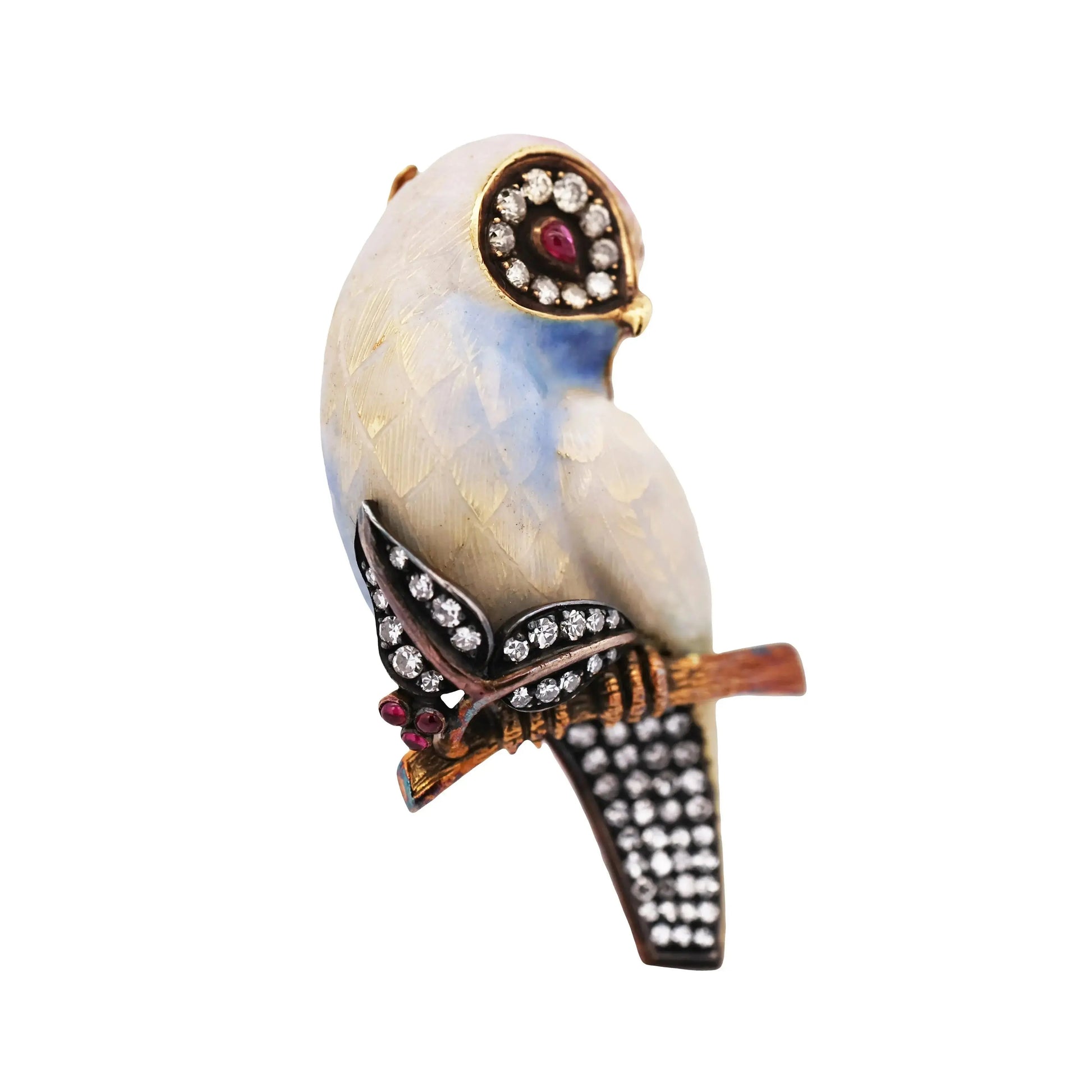 18K Gold Enamel Ruby Diamond Owl Brooch