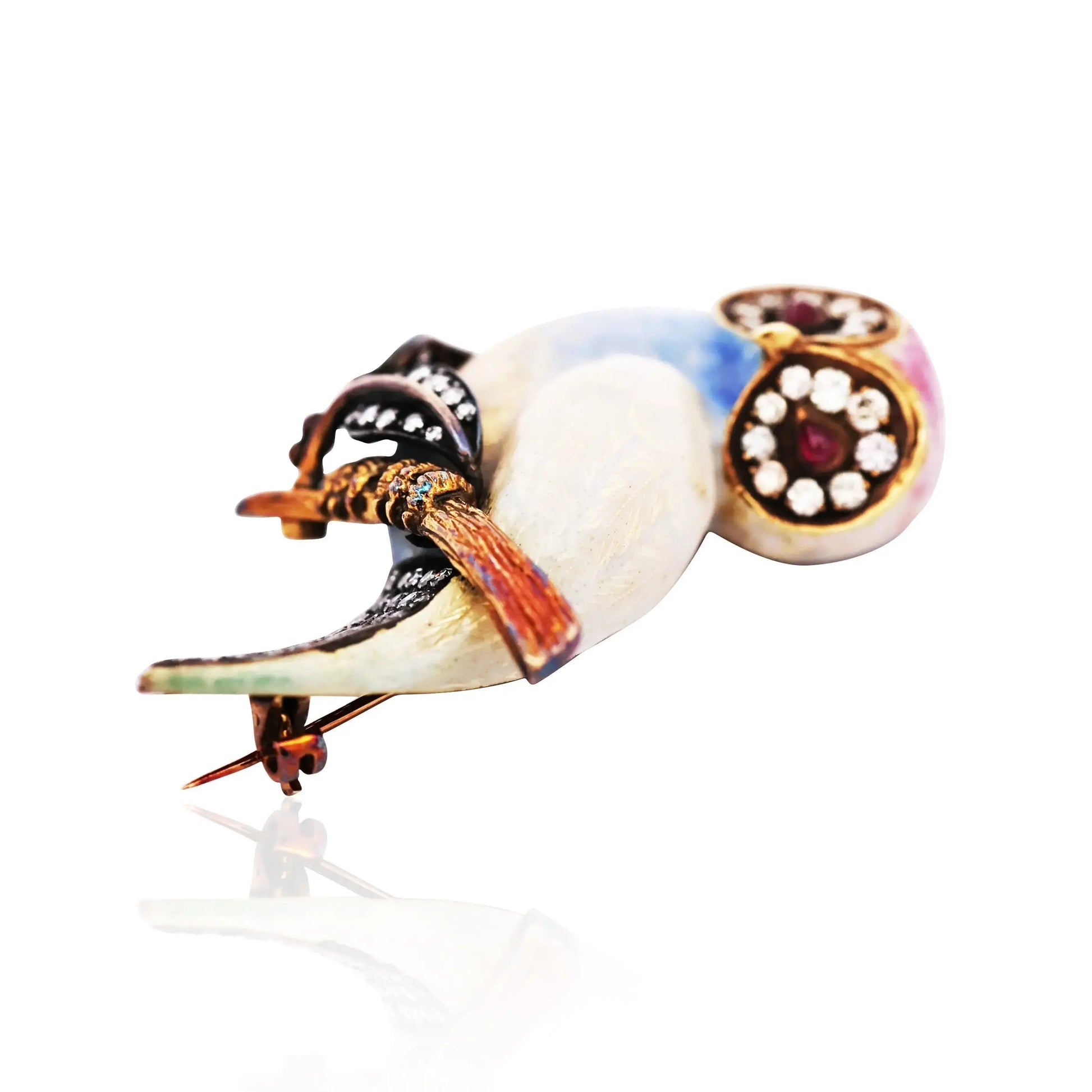 18K Gold Enamel Ruby Diamond Owl Brooch
