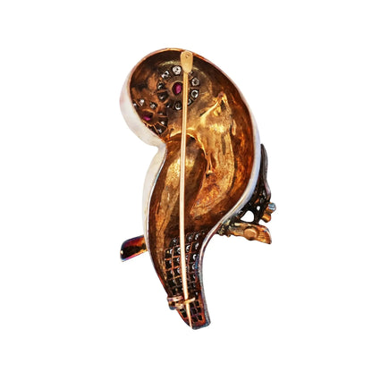 18K Gold Enamel Ruby Diamond Owl Brooch
