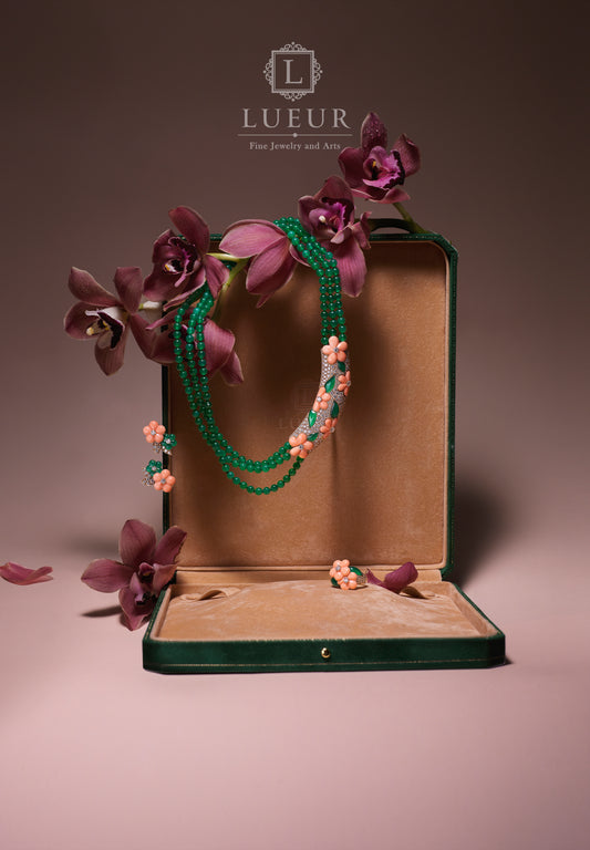 Van Cleef & Arpels, 18K Gold Coral Emerald Diamond Necklace, Earrings and Ring