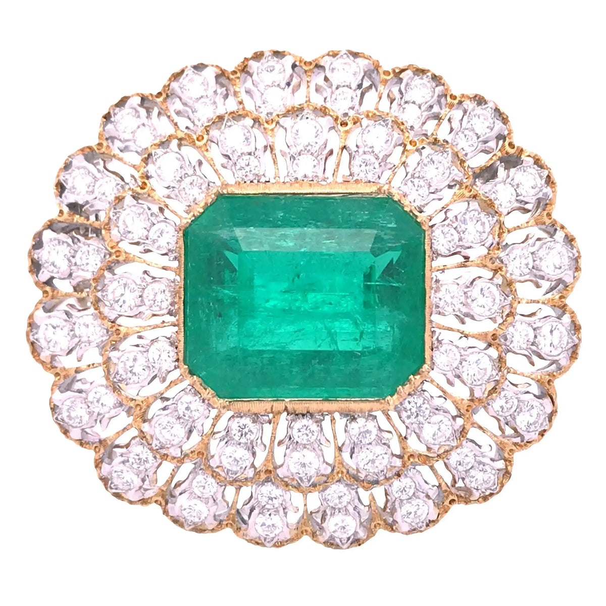 Buccellati, 18K Gold Emerald Diamond Brooch, Guild, GIA