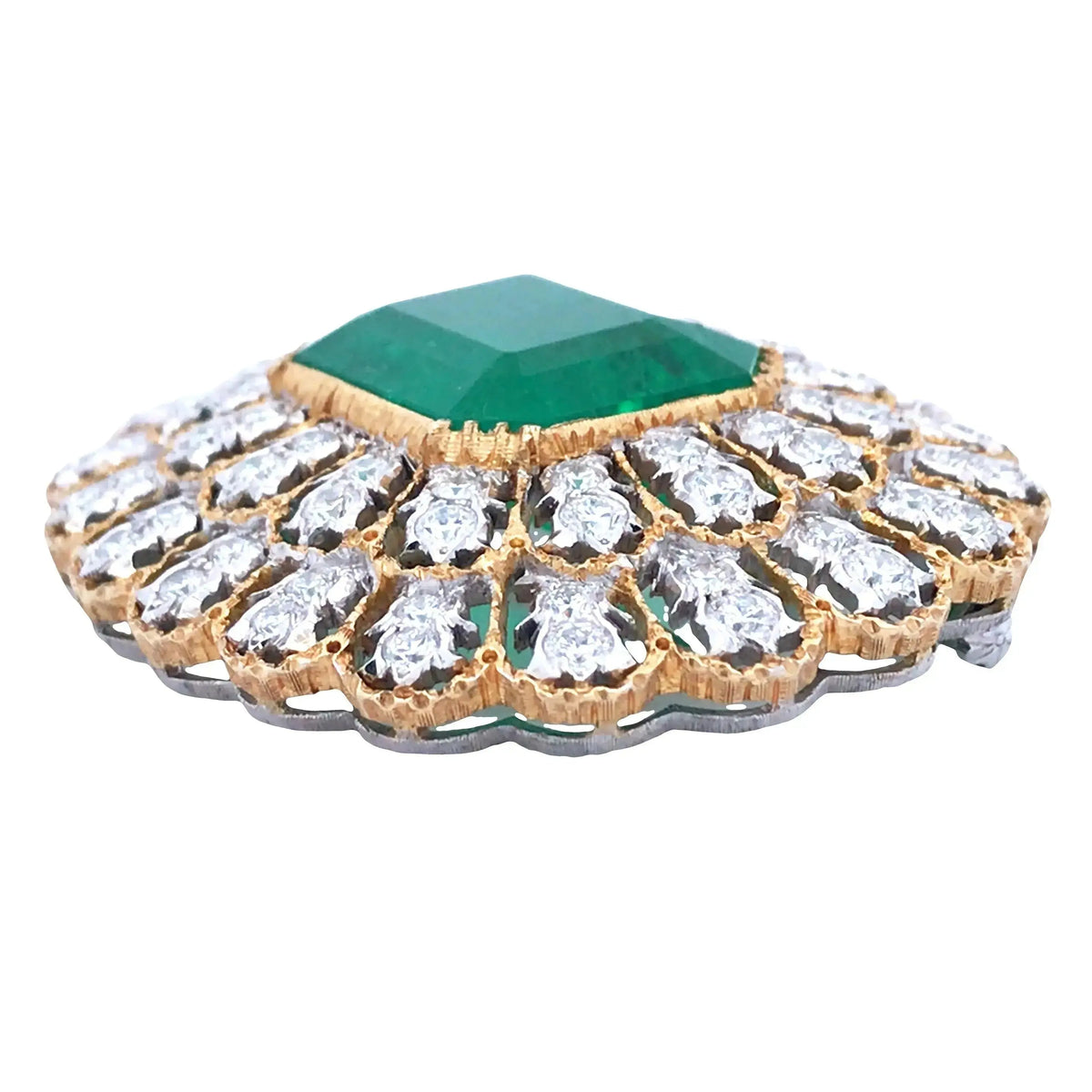 Buccellati, 18K Gold Emerald Diamond Brooch, Guild, GIA