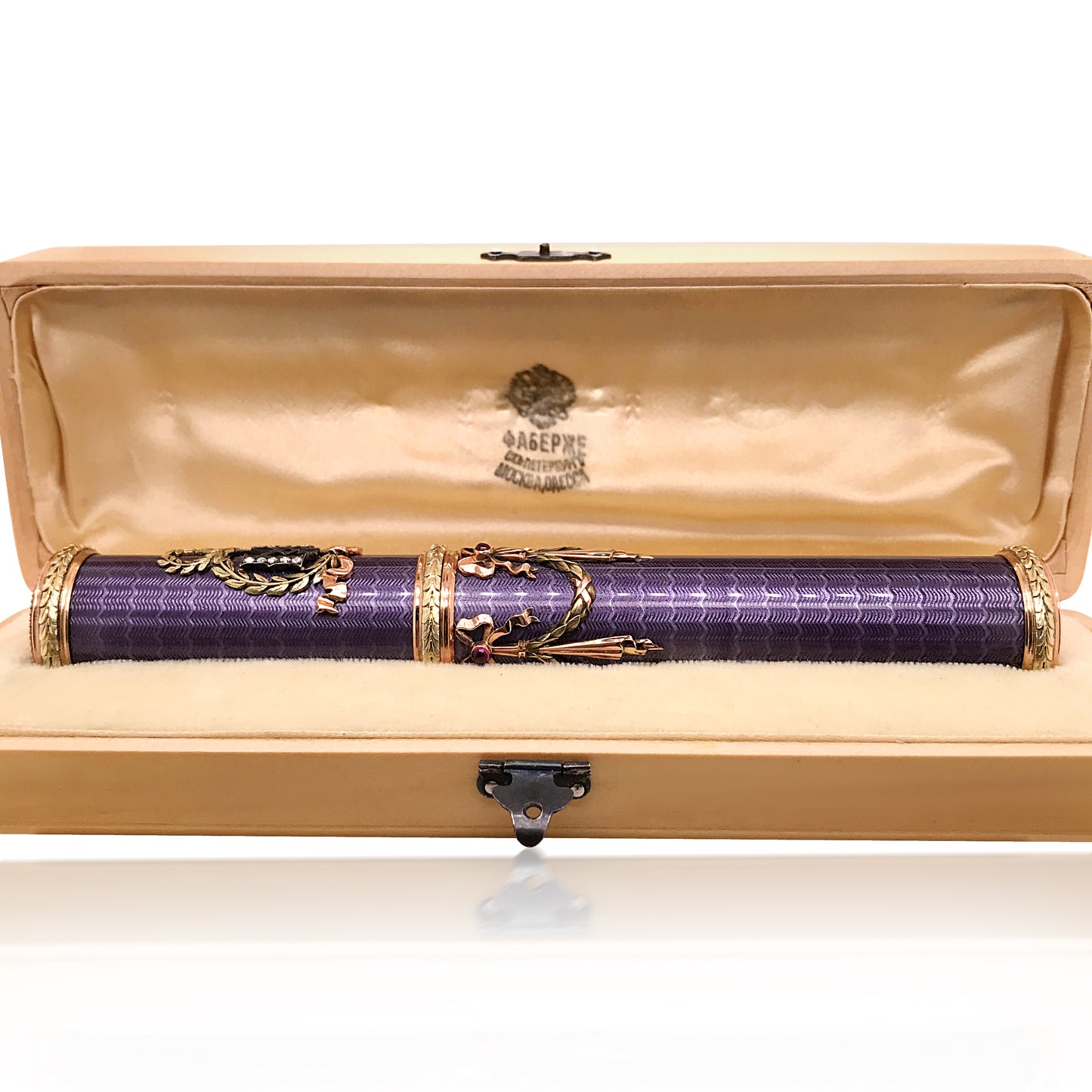 Faberge, Gold Cigar Box with Purple Guilloche