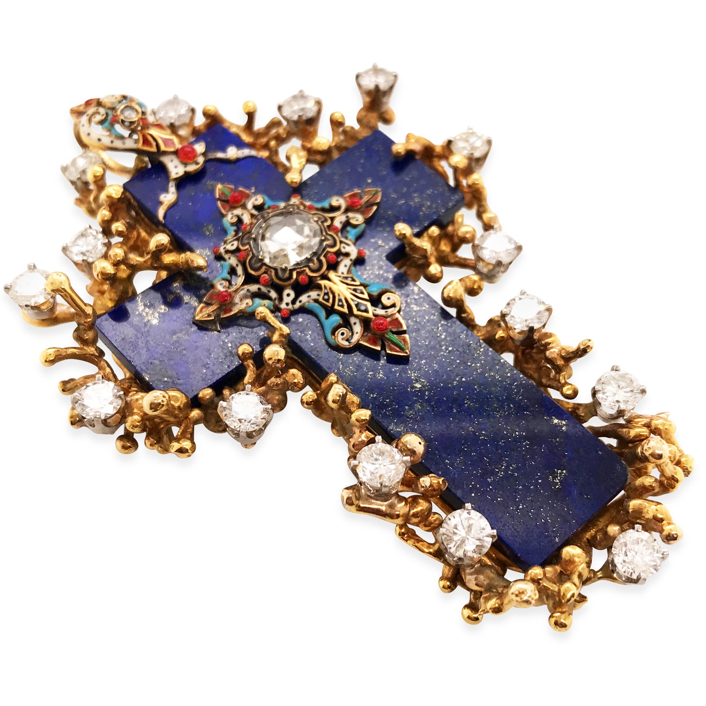 Lapis Lazuli Gold Enamel Cross Brooch