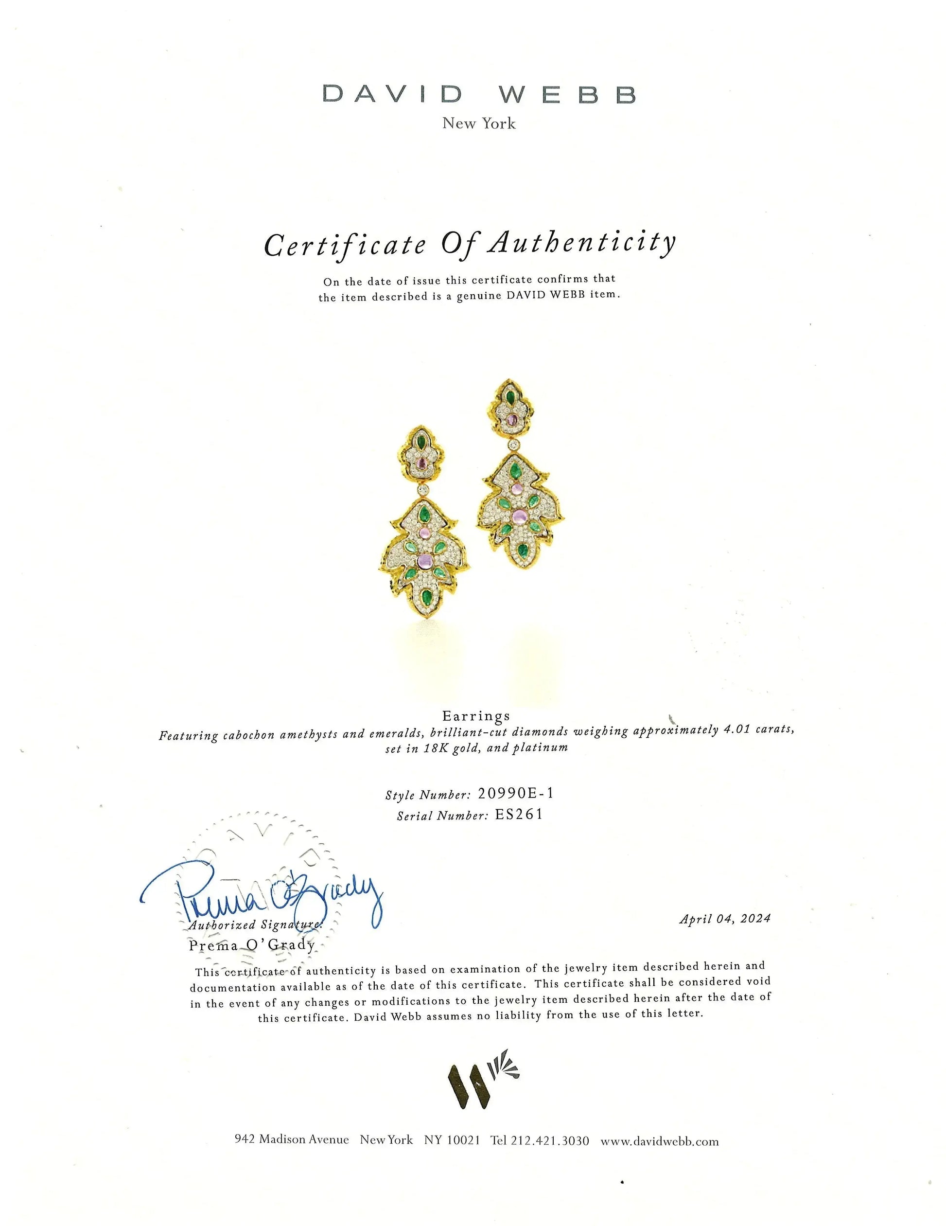 David Webb, Platinum 18K Gold Amethyst Emerald Diamond Earrings, Certificate