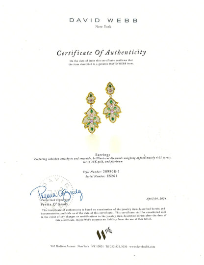 David Webb, Platinum 18K Gold Amethyst Emerald Diamond Earrings, Certificate