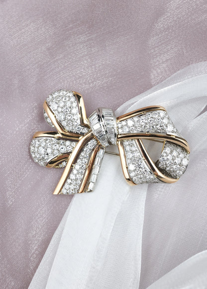 Platinum 18K Gold Diamond Bow Brooch Lueur Jewelry