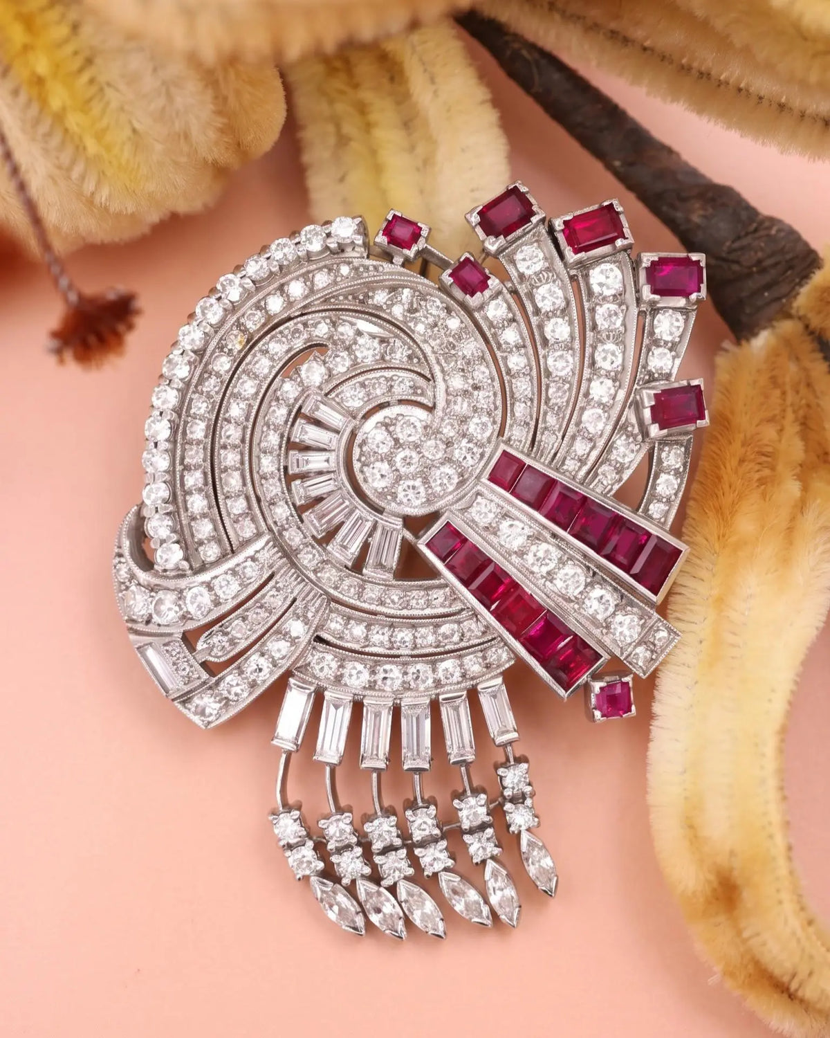 Platinum Ruby Diamond Brooch