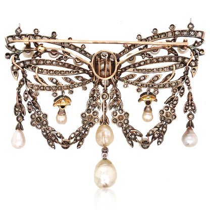 Silver-top 18K Gold Diamond Natural Pearl Brooch, GIA