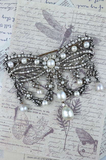 Silver-top 18K Gold Diamond Natural Pearl Brooch, GIA