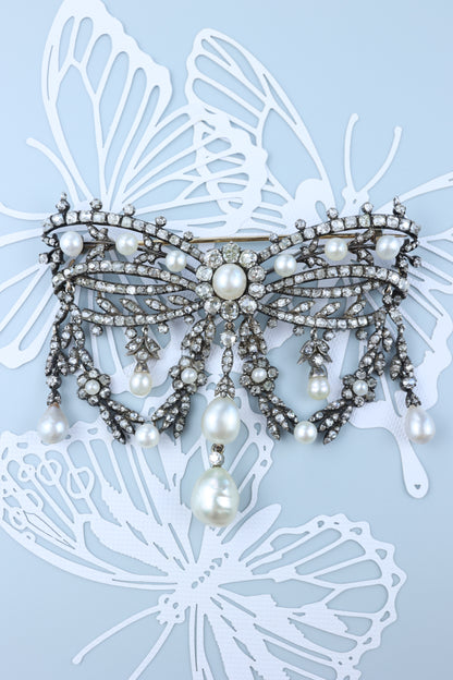 Silver-top 18K Gold Diamond Natural Pearl Brooch, GIA