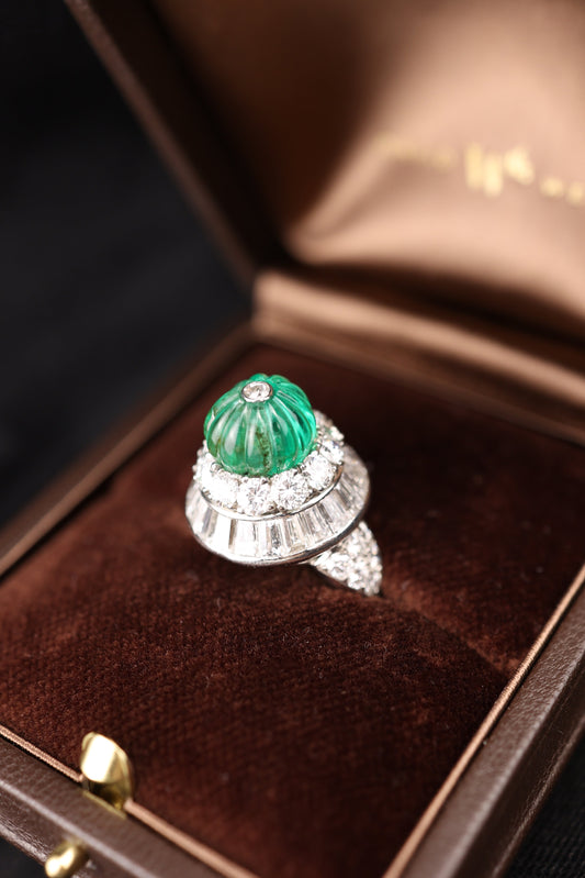 David Webb, Platinum 18K Gold Emerald Diamond Ring, Certificate