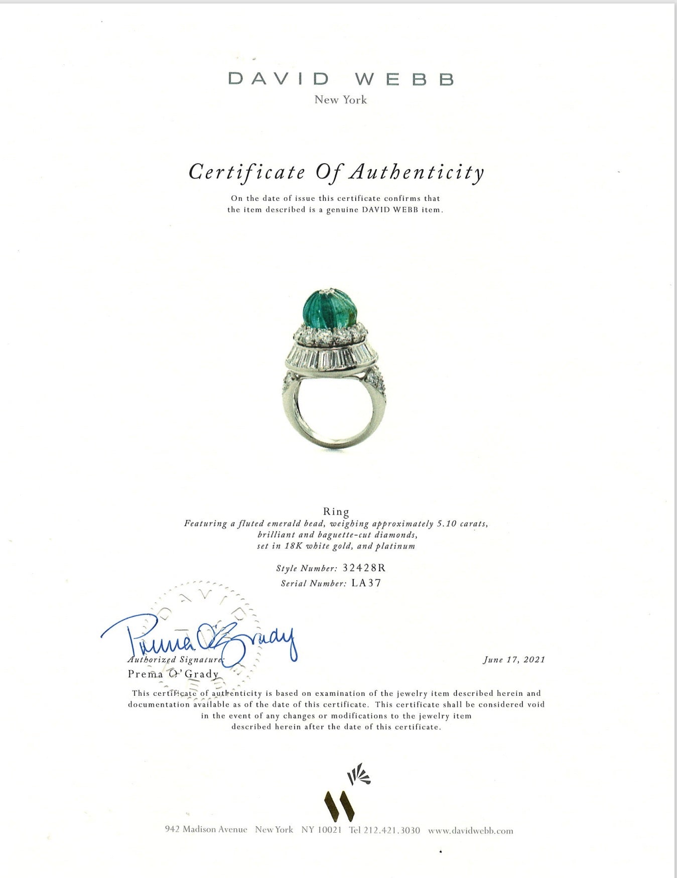 David Webb, Platinum 18K Gold Emerald Diamond Ring, Certificate