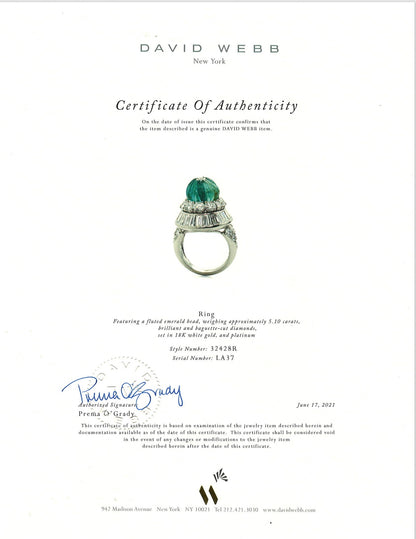 David Webb, Platinum 18K Gold Emerald Diamond Ring, Certificate