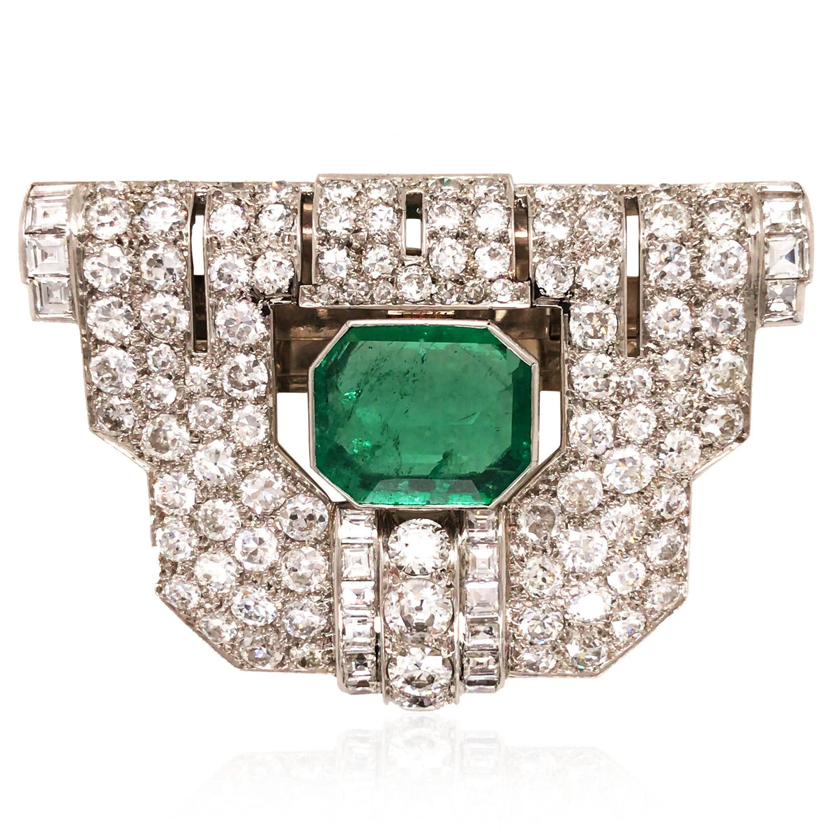 18K Gold Emerald Diamond Clip Brooch, AIGS Lueur Jewelry