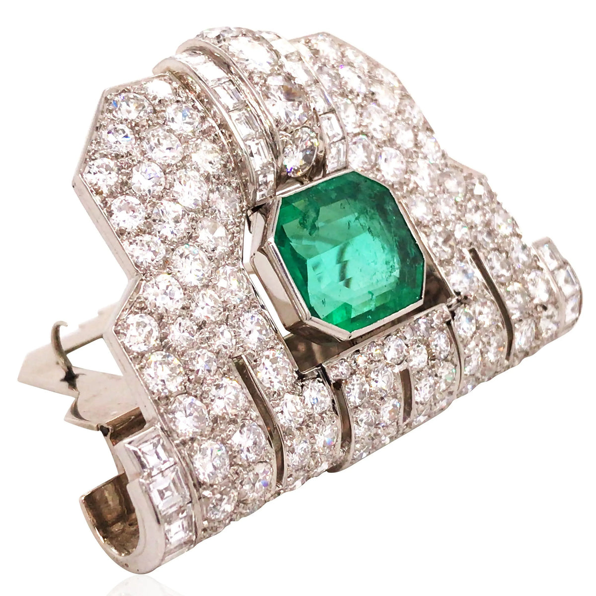 18K Gold Emerald Diamond Clip Brooch, AIGS Lueur Jewelry