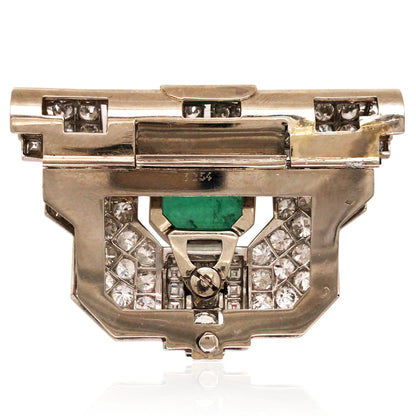 18K Gold Emerald Diamond Clip Brooch, AIGS Lueur Jewelry