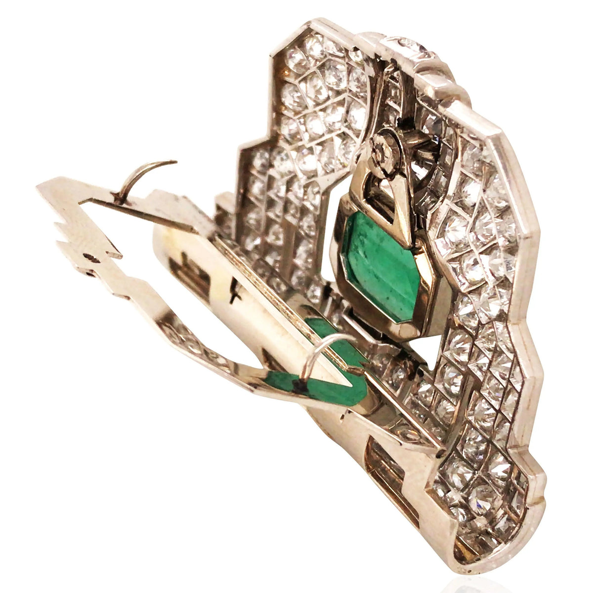 18K Gold Emerald Diamond Clip Brooch, AIGS Lueur Jewelry