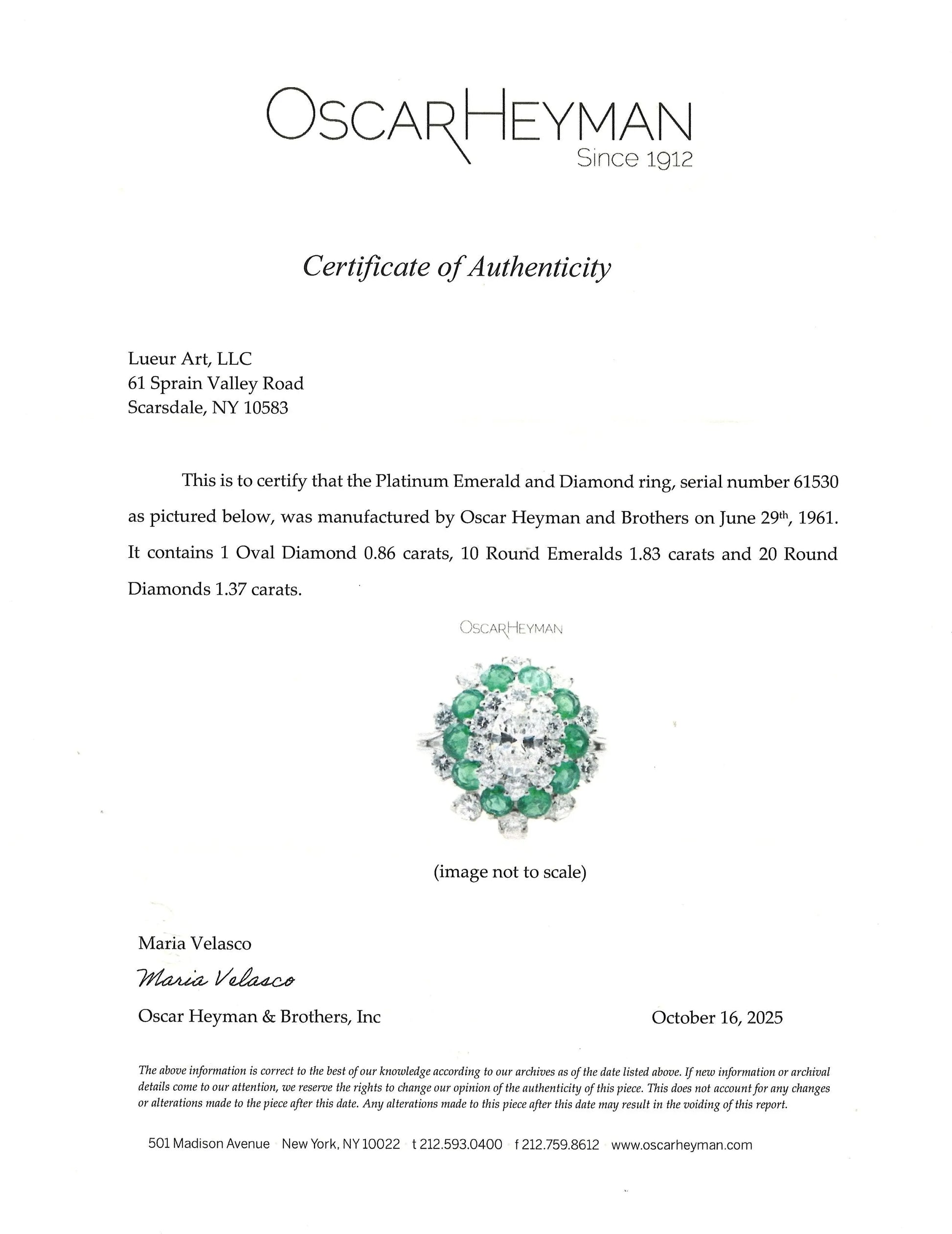 Oscar Heyman, Platinum Emerald Diamond Ring, Certificate
