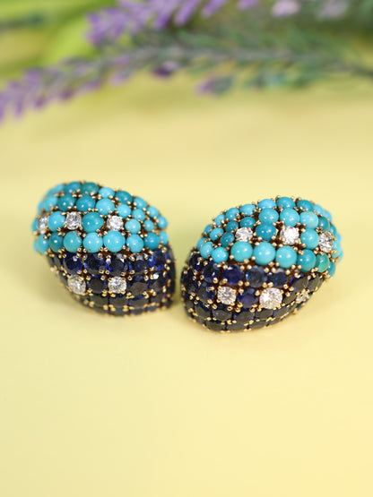 David Webb, 18K Gold Turquoise Sapphire Diamond Earrings