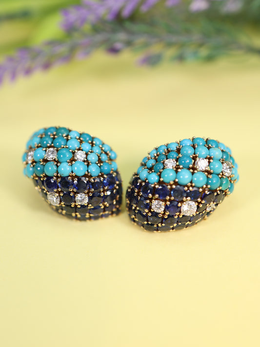 David Webb, 18K Gold Turquoise Sapphire Diamond Earrings