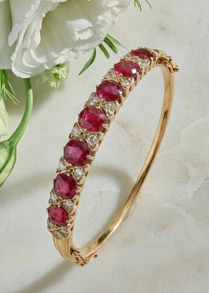 10K Gold Ruby Diamond Bangle, GIA Lueur Jewelry