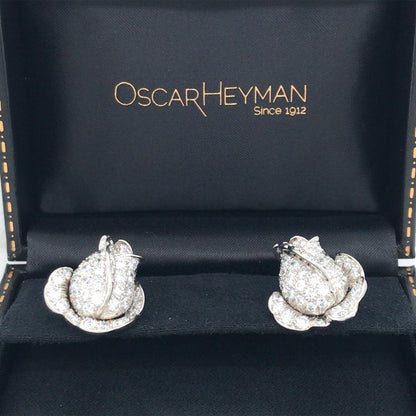 Oscar Heyman, Platinum 18K Gold Diamond Flower Earrings, Certificate