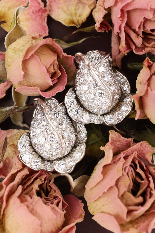 Oscar Heyman, Platinum 18K Gold Diamond Flower Earrings, Certificate