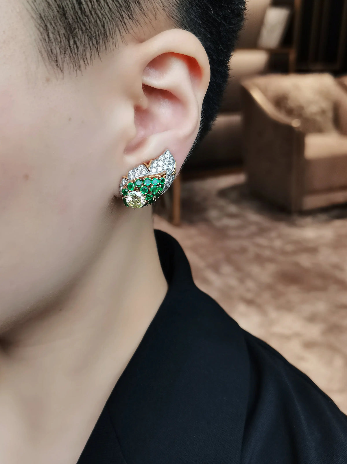 Color Diamond, Diamond Emerald Gold Earrings，André Vassort Lueur Jewelry