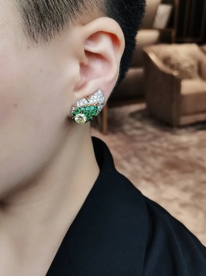 Color Diamond, Diamond Emerald Gold Earrings，André Vassort Lueur Jewelry