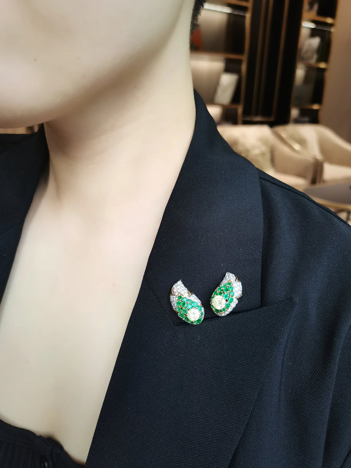 Color Diamond, Diamond Emerald Gold Earrings，André Vassort Lueur Jewelry