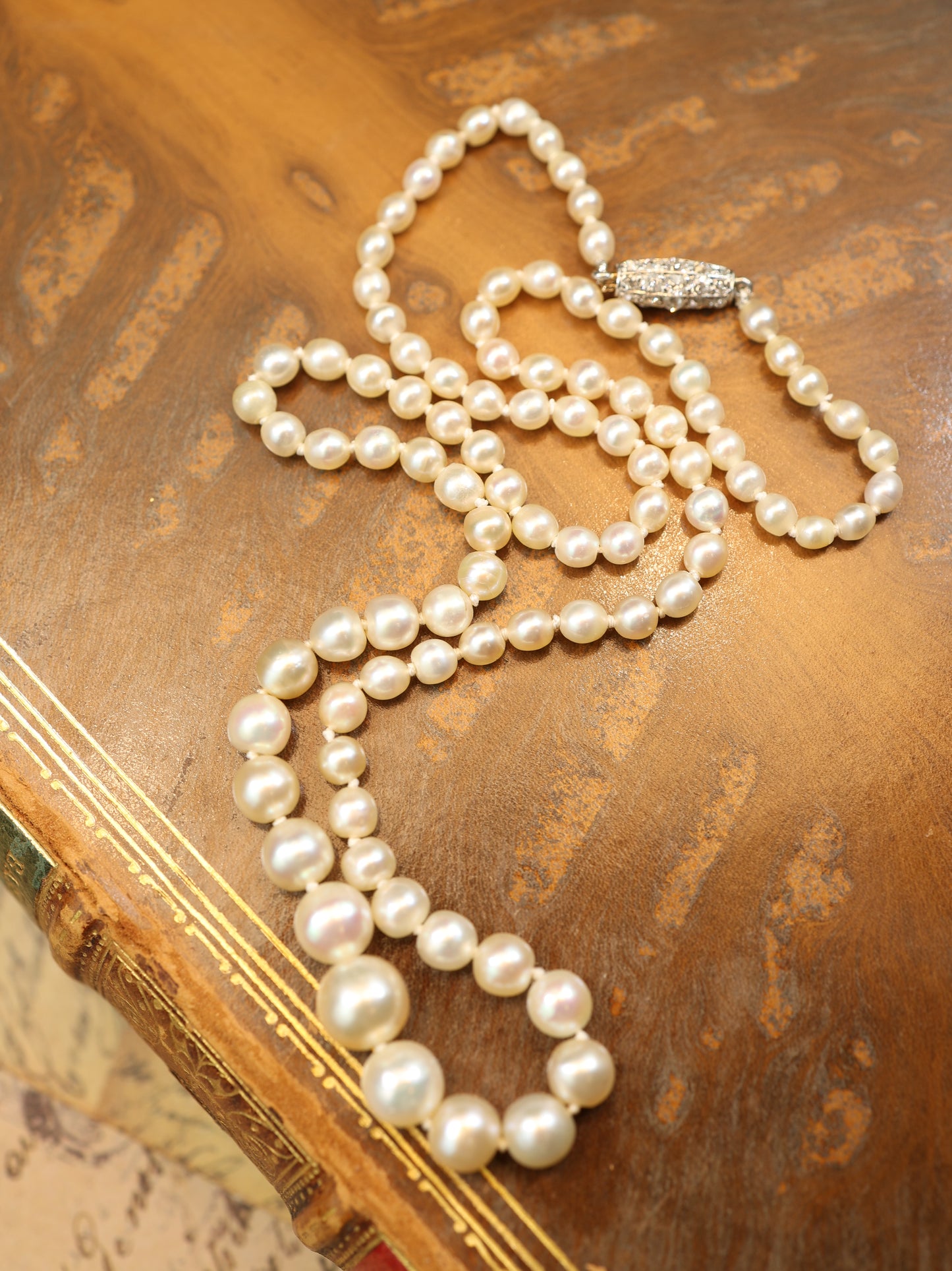 Edwardian Natural Pearl Diamond Necklace, GIA