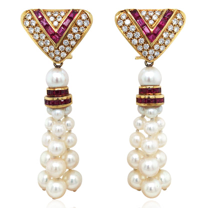 18K Gold Ruby Pearl Diamond Earrings