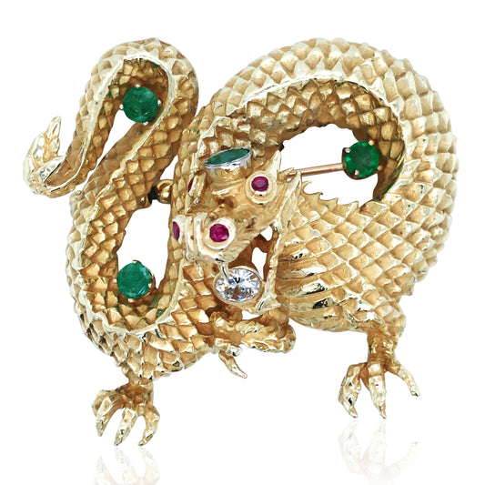 18K Gold Gemstone Diamond Dragon Brooch