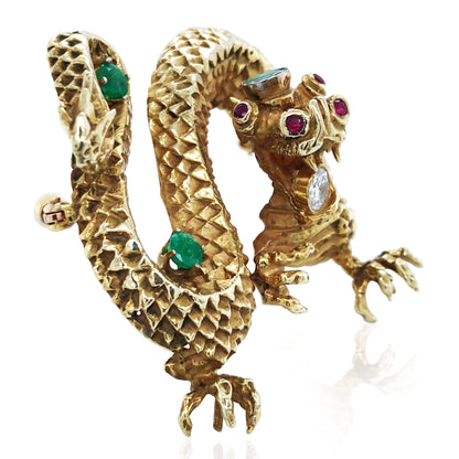 18K Gold Gemstone Diamond Dragon Brooch